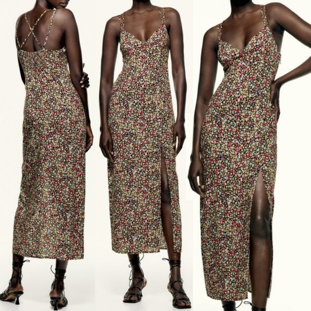 Zara | New Strappy Floral Midi Dress Black Multicolor XS